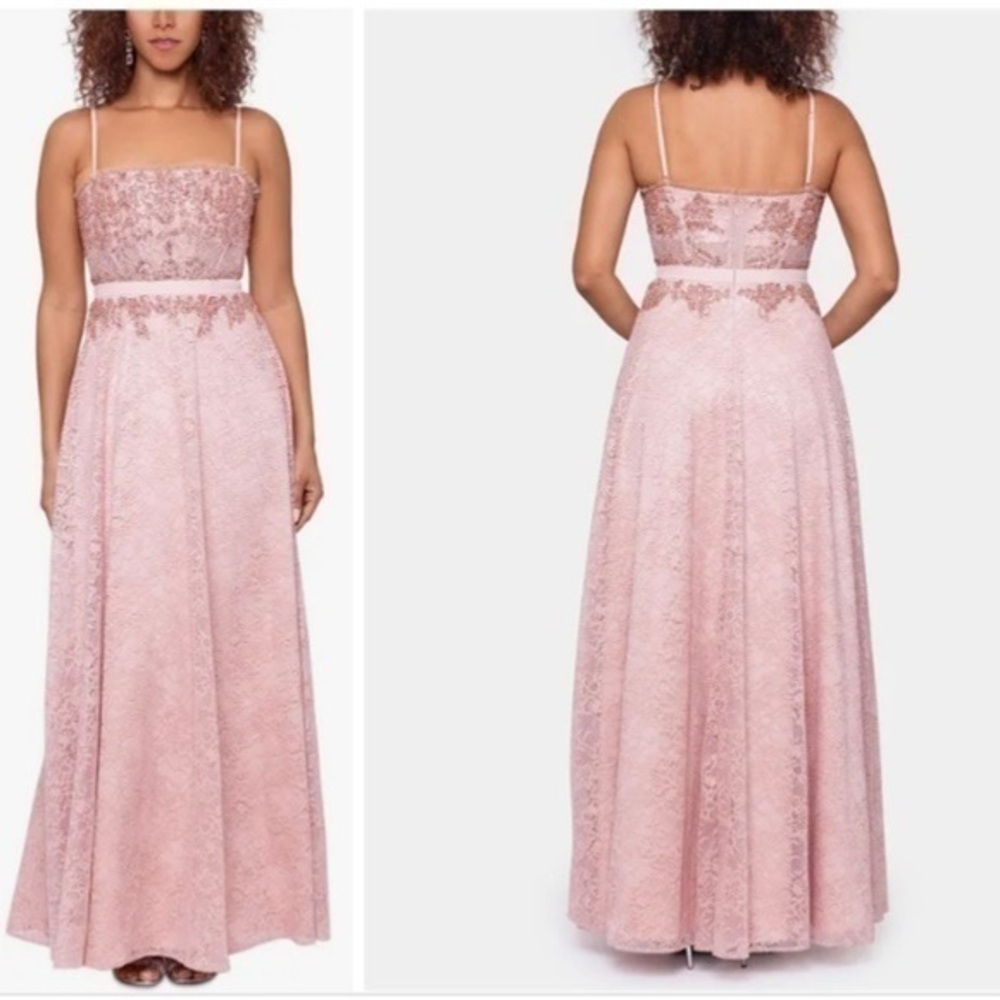 BETSY & ADAM Embellished Adjustable Spaghetti Strap Lace Gown in Blush Size 6